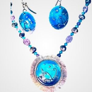 Artisan Handpainted Necklace Earrings Set Beaded Blue Purple Silver Boho Jewelry